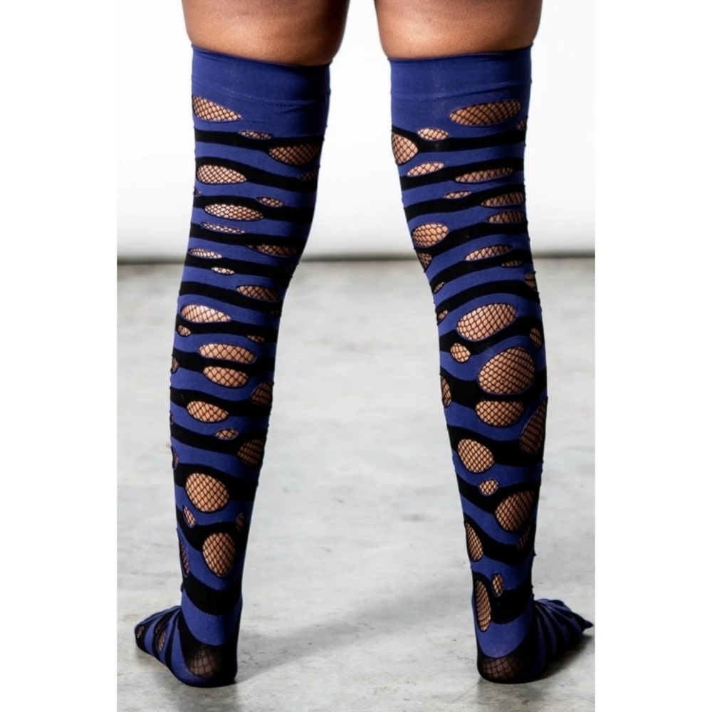 Killstar “Wretched Soul” Distressed Thigh-High Socks – Black & Midnight Blue - Picture 3 of 4